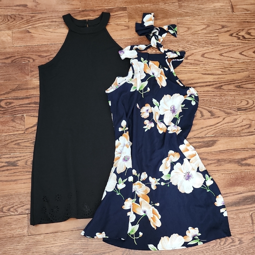 SHEIN Halter Dress Navy Floral Halter Tie-Neck Dress